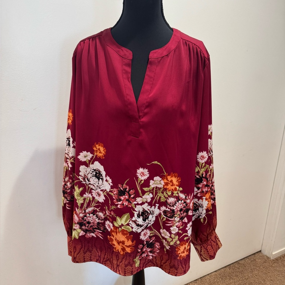 JM Collection Burgundy Floral Blouse large size